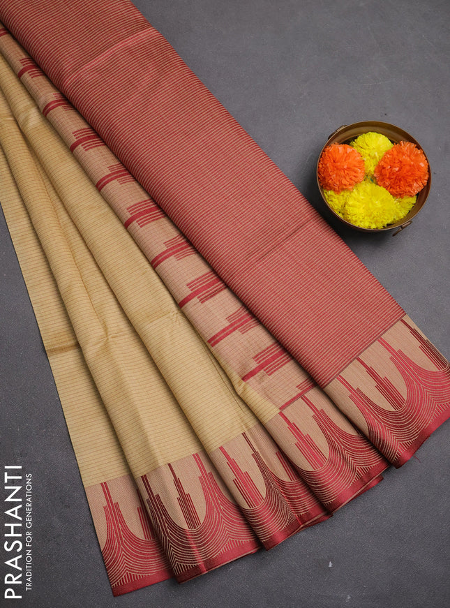 Semi dupion saree beige and maroon with allover thread stripe pattern and temple design thread woven border