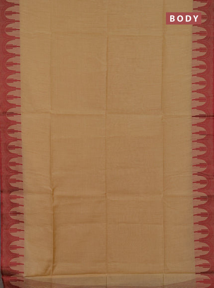 Semi dupion saree beige and maroon with allover thread stripe pattern and temple design thread woven border