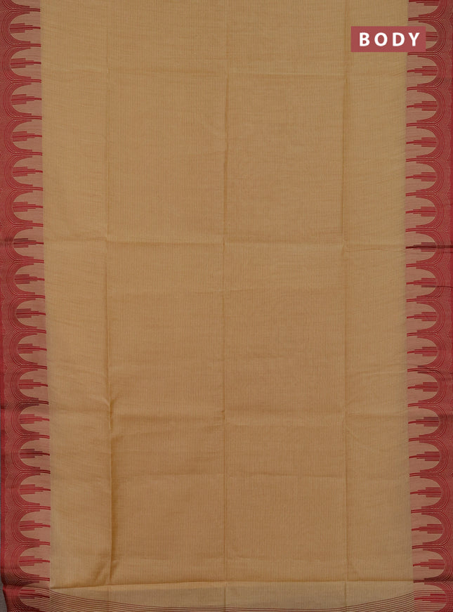 Semi dupion saree beige and maroon with allover thread stripe pattern and temple design thread woven border