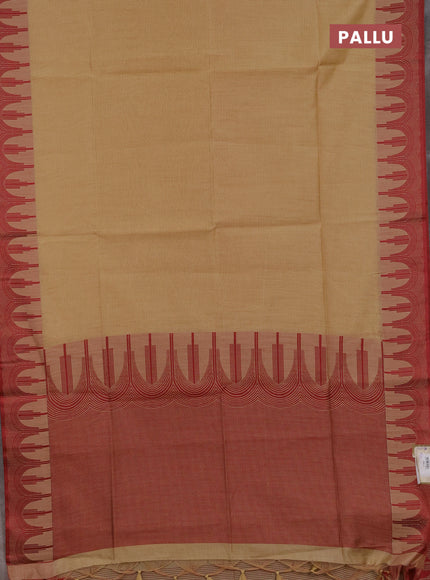 Semi dupion saree beige and maroon with allover thread stripe pattern and temple design thread woven border