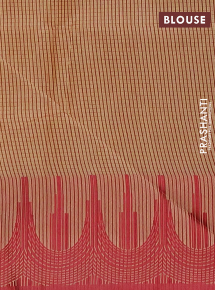 Semi dupion saree beige and maroon with allover thread stripe pattern and temple design thread woven border