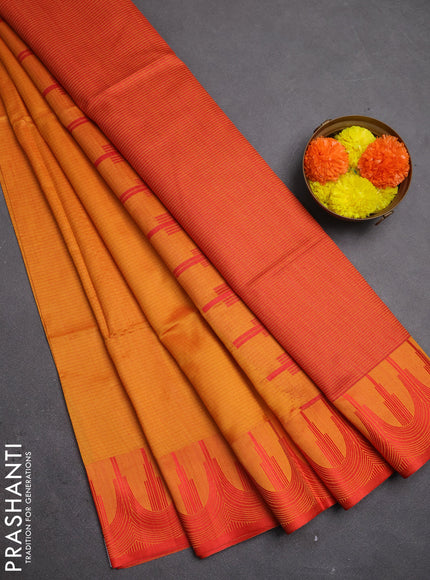 Semi dupion saree sunset orange and red with allover thread stripe pattern and temple design thread woven border
