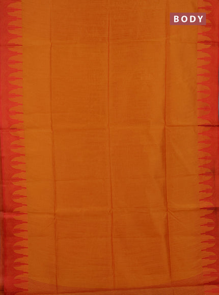 Semi dupion saree sunset orange and red with allover thread stripe pattern and temple design thread woven border