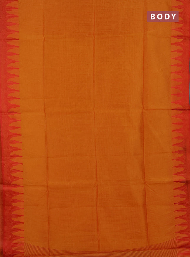 Semi dupion saree sunset orange and red with allover thread stripe pattern and temple design thread woven border