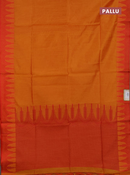 Semi dupion saree sunset orange and red with allover thread stripe pattern and temple design thread woven border