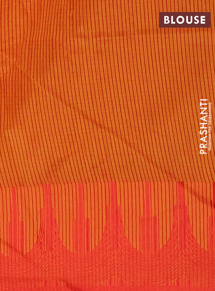 Semi dupion saree sunset orange and red with allover thread stripe pattern and temple design thread woven border