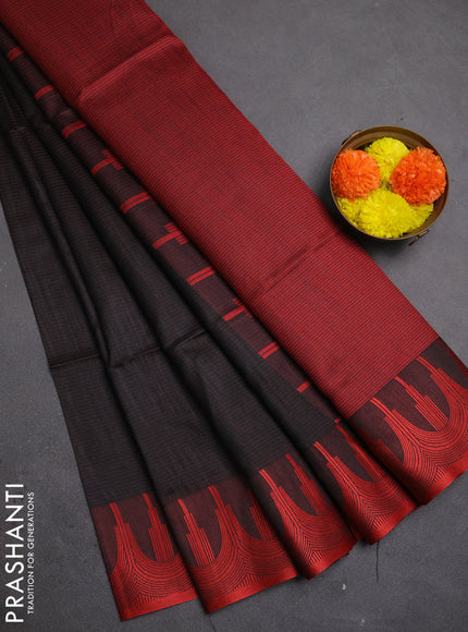 Semi dupion saree black and maroon with allover thread stripe pattern and temple design thread woven border