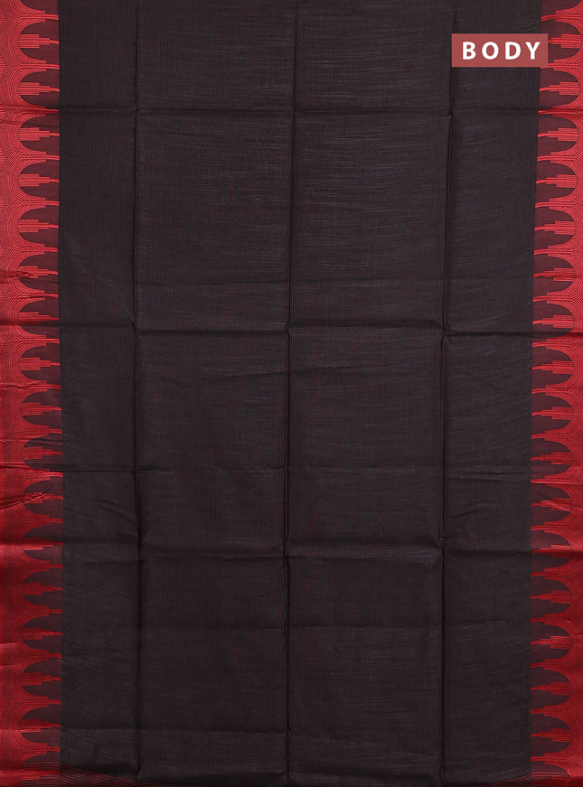 Semi dupion saree black and maroon with allover thread stripe pattern and temple design thread woven border