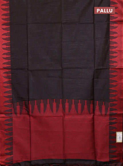 Semi dupion saree black and maroon with allover thread stripe pattern and temple design thread woven border
