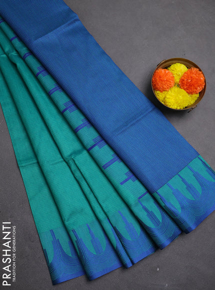 Semi dupion saree teal green and blue with allover thread stripe pattern and temple design thread woven border