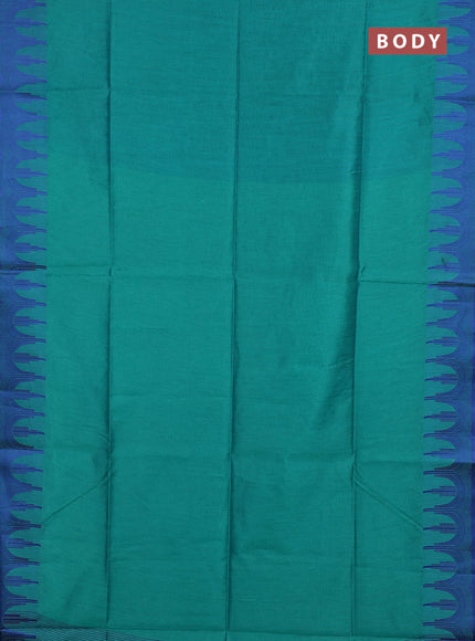 Semi dupion saree teal green and blue with allover thread stripe pattern and temple design thread woven border