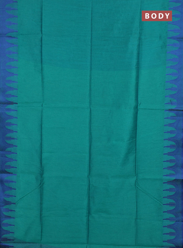 Semi dupion saree teal green and blue with allover thread stripe pattern and temple design thread woven border
