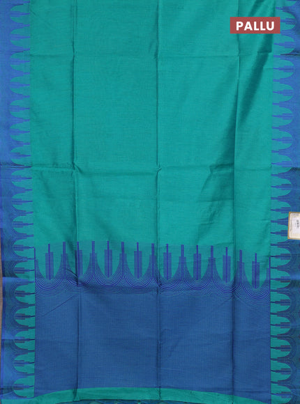 Semi dupion saree teal green and blue with allover thread stripe pattern and temple design thread woven border