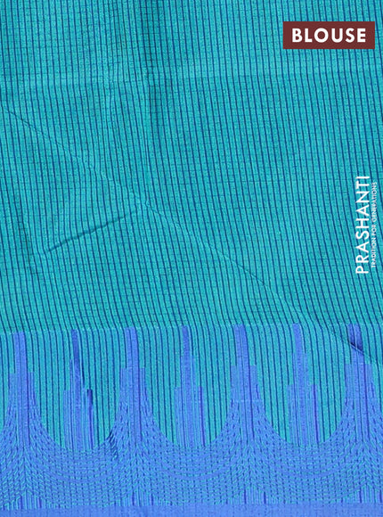 Semi dupion saree teal green and blue with allover thread stripe pattern and temple design thread woven border