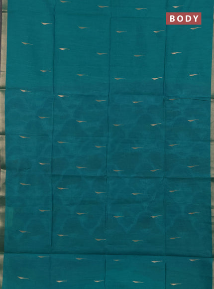 Semi dupion saree teal green and blue with allover zari woven buttas and zari woven border
