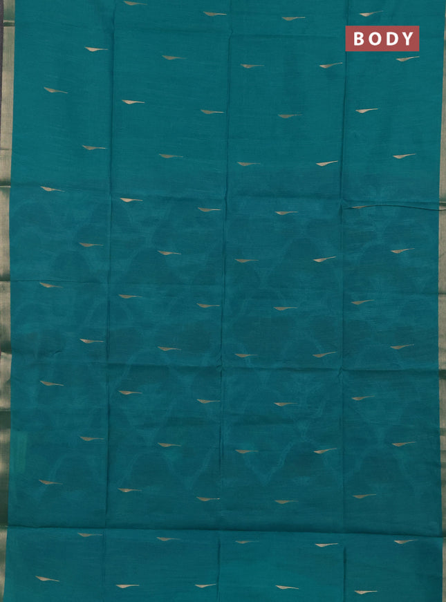 Semi dupion saree teal green and blue with allover zari woven buttas and zari woven border