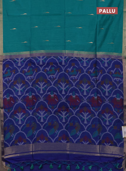 Semi dupion saree teal green and blue with allover zari woven buttas and zari woven border