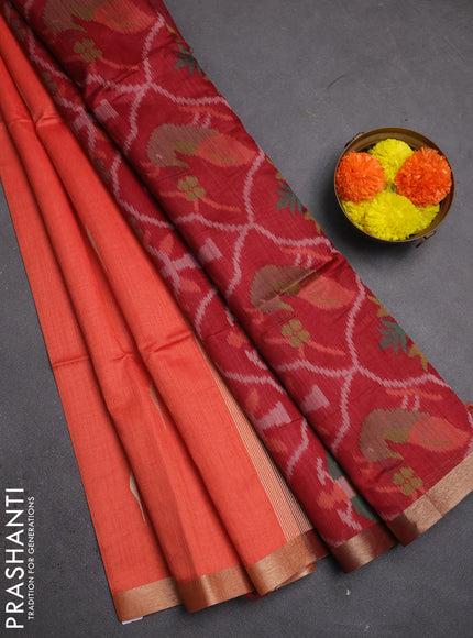 Semi dupion saree peach orange and maroon with allover zari woven buttas and zari woven border