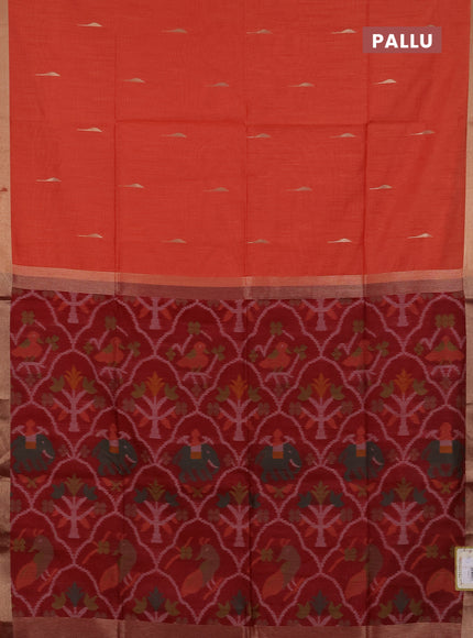 Semi dupion saree peach orange and maroon with allover zari woven buttas and zari woven border