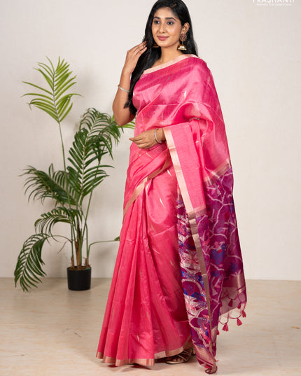 Semi dupion saree peach pink and magenta pink with allover zari woven buttas and zari woven border