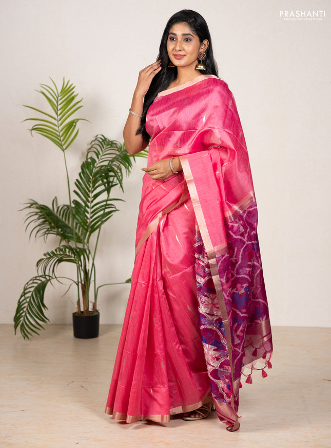 Semi dupion saree peach pink and magenta pink with allover zari woven buttas and zari woven border