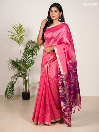 Semi dupion saree peach pink and magenta pink with allover zari woven buttas and zari woven border