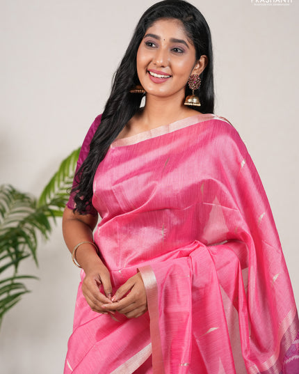 Semi dupion saree peach pink and magenta pink with allover zari woven buttas and zari woven border