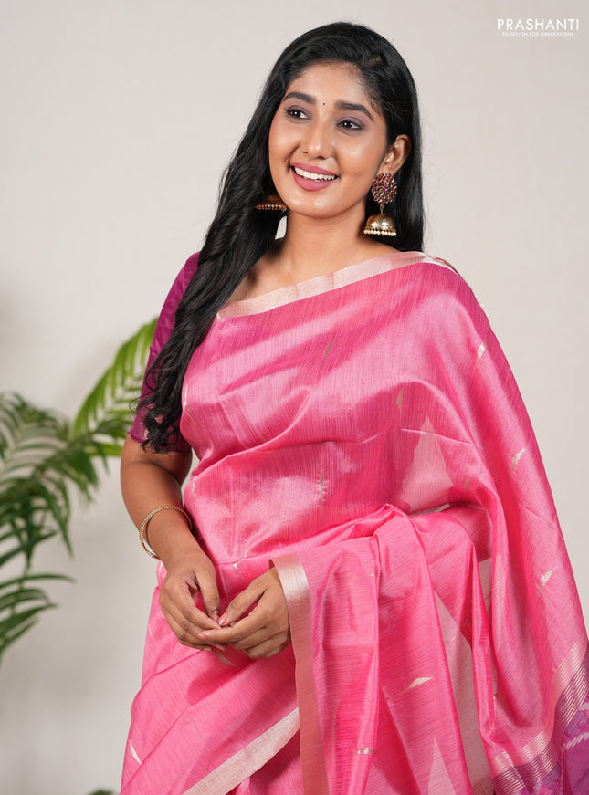 Semi dupion saree peach pink and magenta pink with allover zari woven buttas and zari woven border