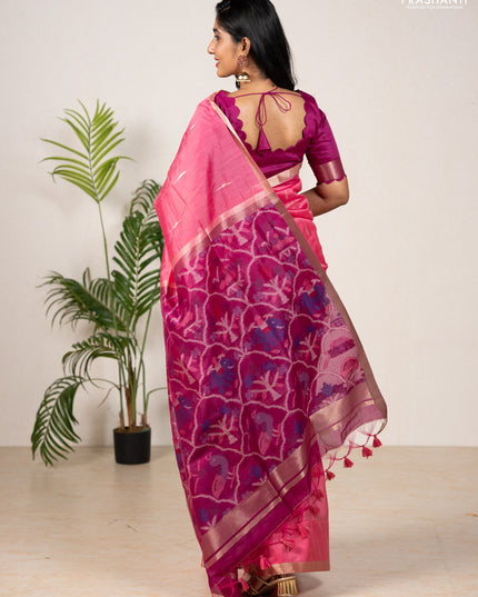 Semi dupion saree peach pink and magenta pink with allover zari woven buttas and zari woven border