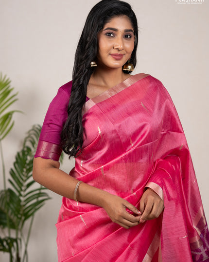 Semi dupion saree peach pink and magenta pink with allover zari woven buttas and zari woven border
