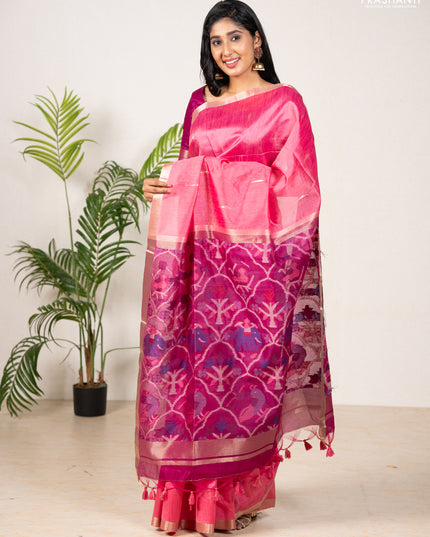 Semi dupion saree peach pink and magenta pink with allover zari woven buttas and zari woven border