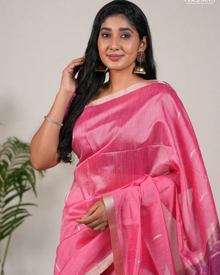 Semi dupion saree peach pink and magenta pink with allover zari woven buttas and zari woven border