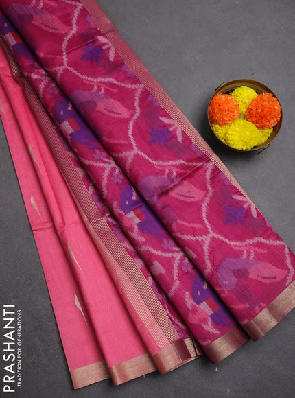 Semi dupion saree peach pink and magenta pink with allover zari woven buttas and zari woven border