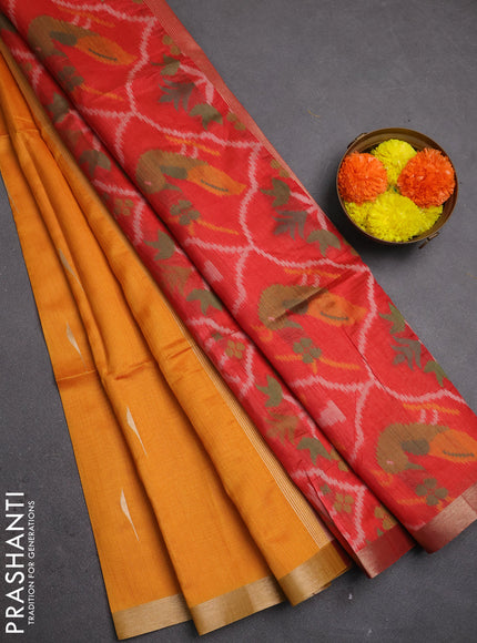 Semi dupion saree sunset orange and red with allover zari woven buttas and zari woven border
