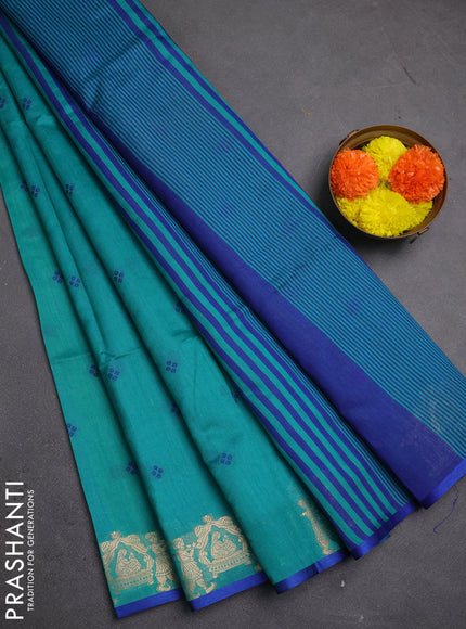 Semi dupion saree teal green and blue with allover bandhani thread woven buttas and zari woven butta border