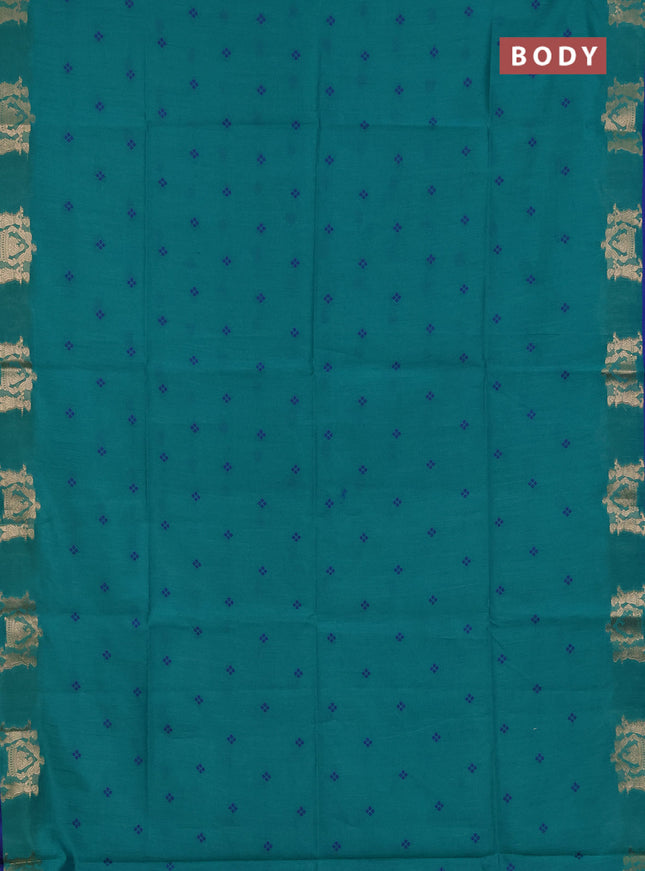 Semi dupion saree teal green and blue with allover bandhani thread woven buttas and zari woven butta border