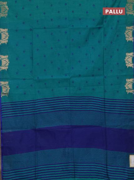 Semi dupion saree teal green and blue with allover bandhani thread woven buttas and zari woven butta border