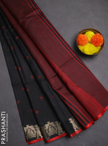 Semi dupion saree black and red with allover bandhani thread woven buttas and zari woven butta border