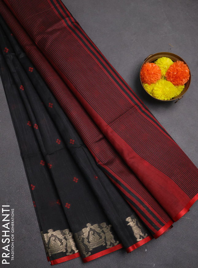 Semi dupion saree black and red with allover bandhani thread woven buttas and zari woven butta border