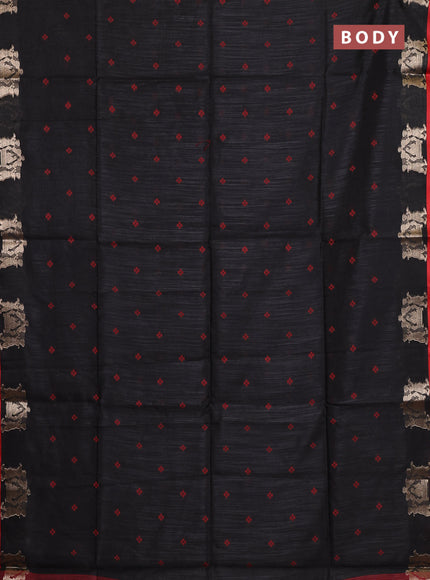 Semi dupion saree black and red with allover bandhani thread woven buttas and zari woven butta border