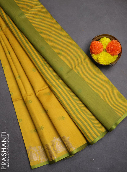 Semi dupion saree mustard yellow and light green with allover bandhani thread woven buttas and zari woven butta border