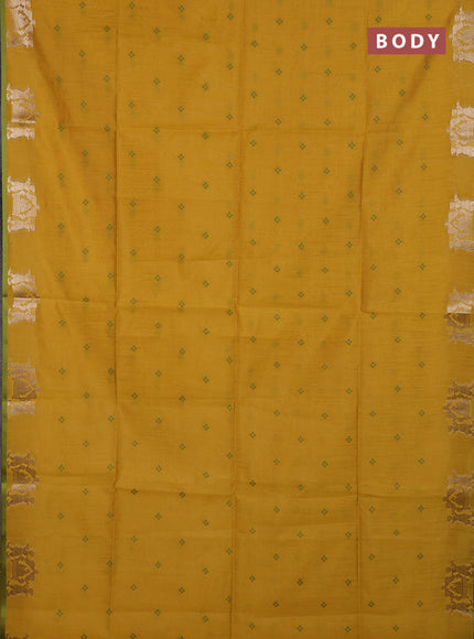 Semi dupion saree mustard yellow and light green with allover bandhani thread woven buttas and zari woven butta border