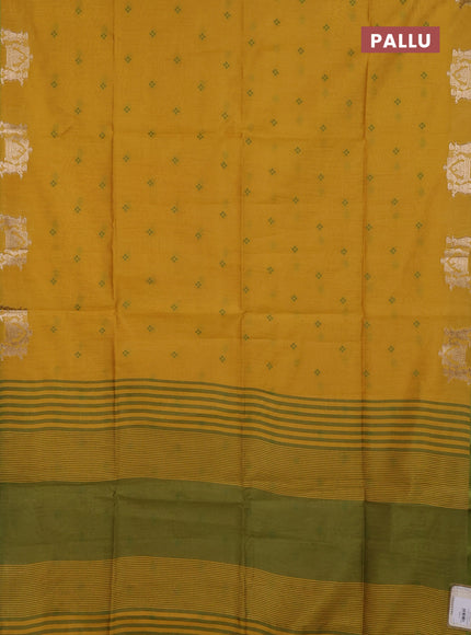 Semi dupion saree mustard yellow and light green with allover bandhani thread woven buttas and zari woven butta border