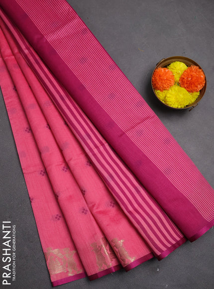 Semi dupion saree peach pink and magenta pink with allover bandhani thread woven buttas and zari woven butta border