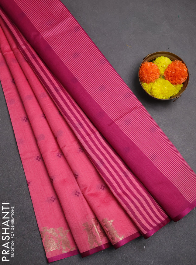 Semi dupion saree peach pink and magenta pink with allover bandhani thread woven buttas and zari woven butta border