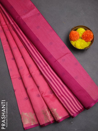 Semi dupion saree peach pink and magenta pink with allover bandhani thread woven buttas and zari woven butta border