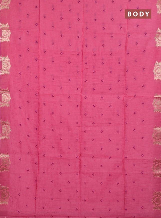 Semi dupion saree peach pink and magenta pink with allover bandhani thread woven buttas and zari woven butta border