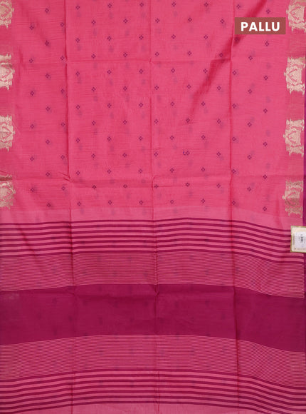 Semi dupion saree peach pink and magenta pink with allover bandhani thread woven buttas and zari woven butta border
