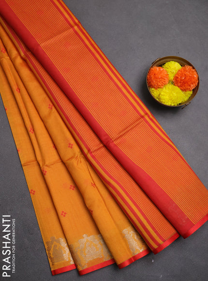 Semi dupion saree sunset orange and red with allover bandhani thread woven buttas and zari woven butta border