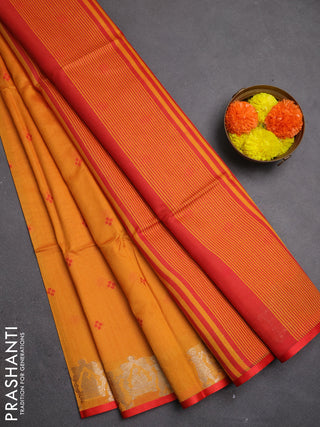 Semi dupion saree sunset orange and red with allover bandhani thread woven buttas and zari woven butta border